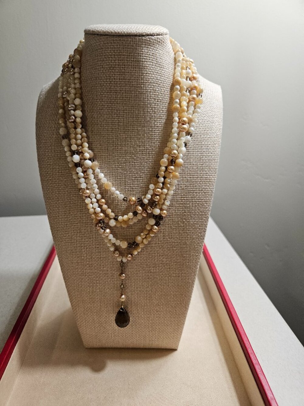 Beaded Necklace with Smokey Topaz, Pearl, and Mother of Pearl Stones in 14k